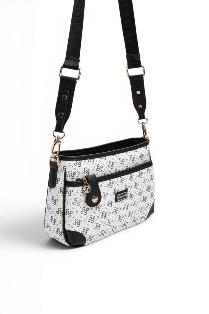 Silver Polo Beyaz - Siyah Monogram Kadın Çapraz Çanta SP1160
