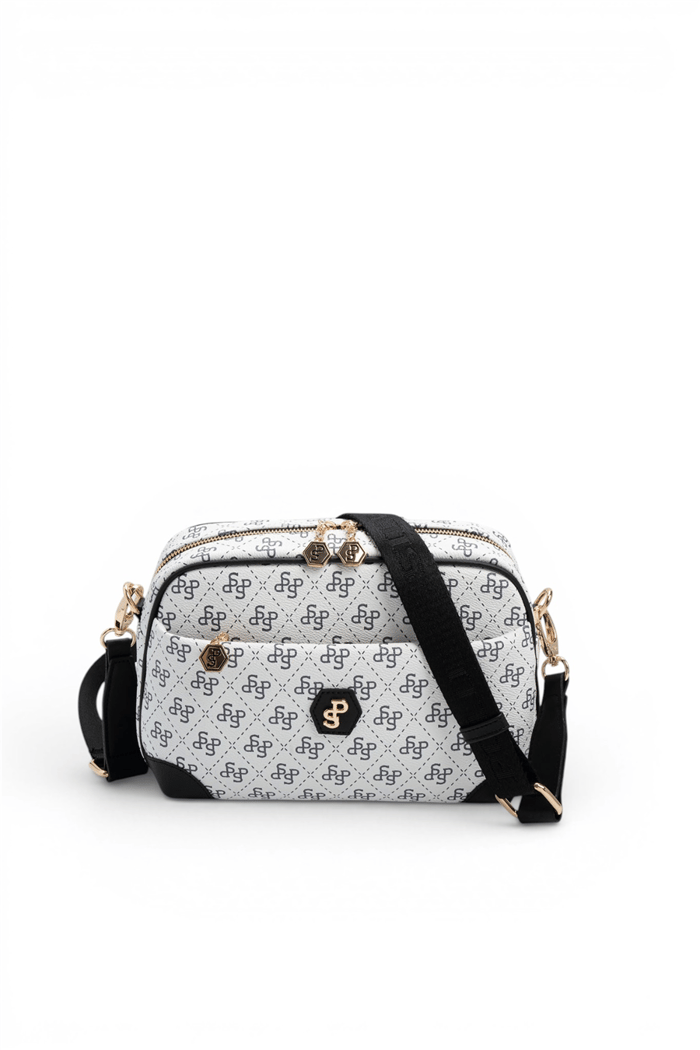 Silver Polo Beyaz - Siyah Monogram Kadın Çapraz Çanta SP1094