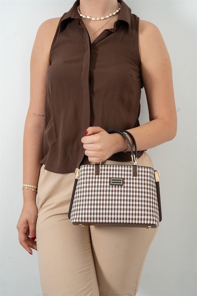 Silver Polo Kahve Sarı - Kahve Ekose Line Kare Kadın El Çantası SP987