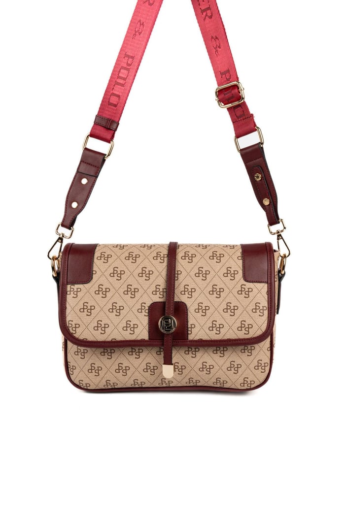 Silver Polo Koyu Bej - Bordo Monogram Kadın Çapraz Çanta SP1182