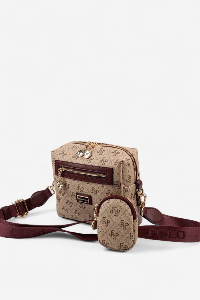 Silver Polo Koyu Bej - Bordo Monogram Kadın Çapraz Çanta SP1038