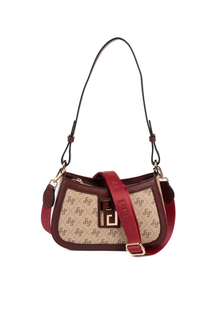 Silver Polo Koyu Bej - Bordo Monogram Kadın Çapraz Çanta SP1132