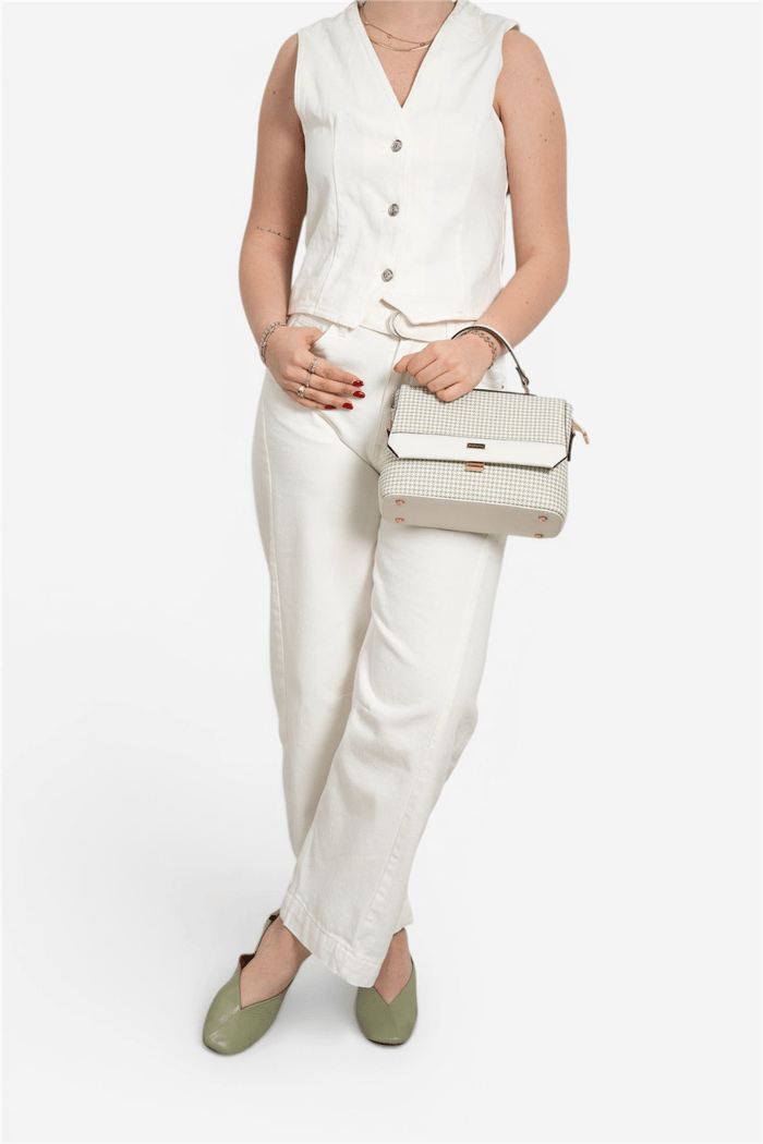 Silver Polo Yeşil - Kemik Kaz Ayağı Ekose Kadın Çapraz Çanta SP838