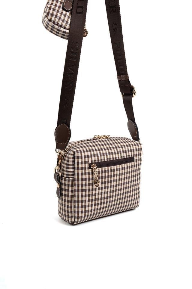 Silver & Polo SP1038 Kadın Çapraz Çanta Ekose Line Kare Kahve Sarı-Kahve