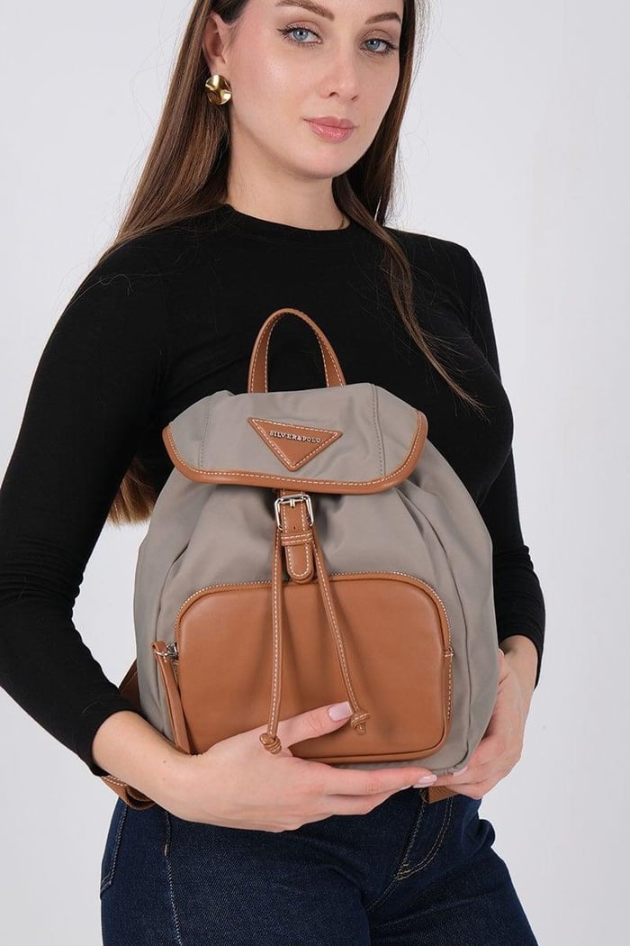 Silver Polo Yeşil - Taba Saten Kadın Sırt Çantası SP1231