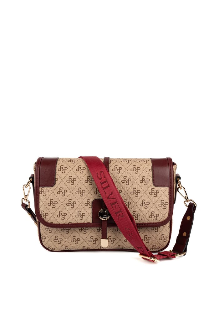 Silver Polo Koyu Bej - Bordo Monogram Kadın Çapraz Çanta SP1182