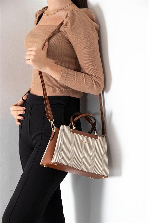 Silver & Polo SP913 Kadın El Çantası Hasır Bej-Taba