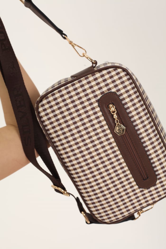 Silver & Polo SP1267 Kadın Çapraz Çanta Ekose Line Kare Kahve Sarı-Kahve