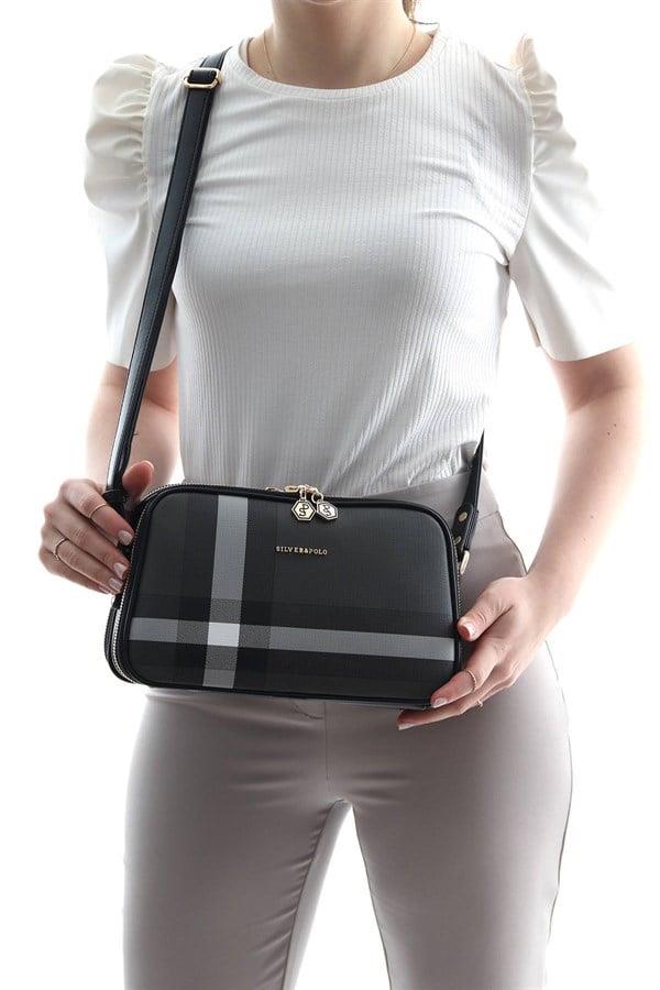 Silver Polo Siyah - Siyah Ekose Kadın Çapraz Çanta SP899