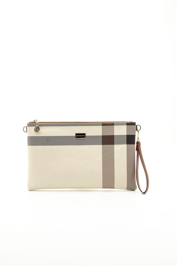 Silver Polo Krem - Taba Ekose Kadın Portföy ve Clutch El Çantası SP1034