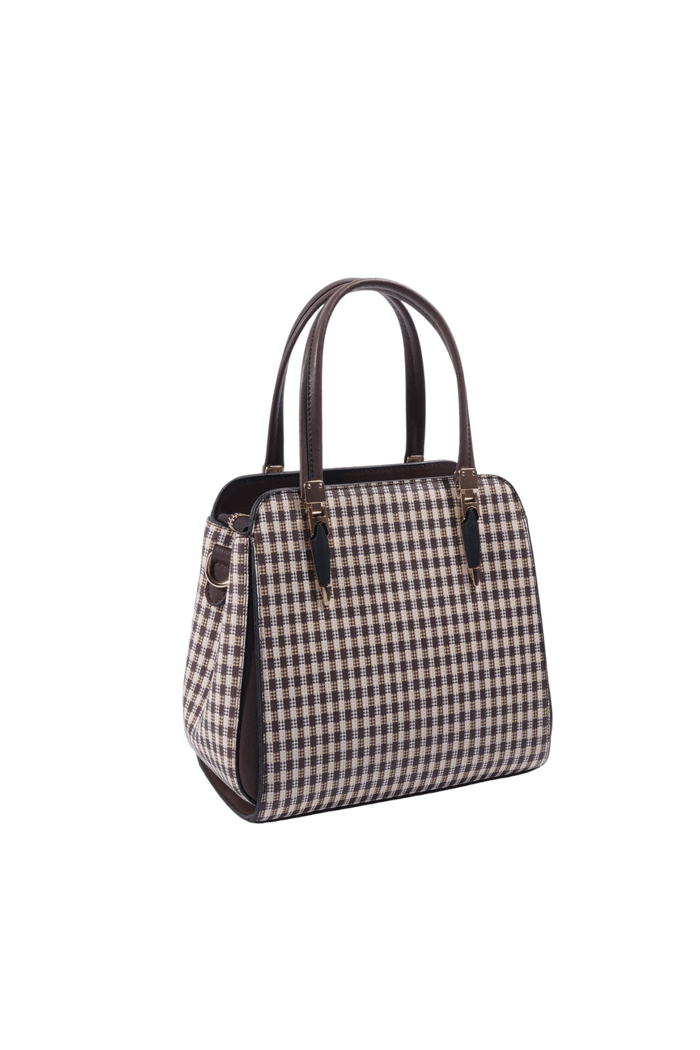 Silver & Polo SP1136 Kadın El Çantası Ekose Line Kare Kahve Sarı-Kahve