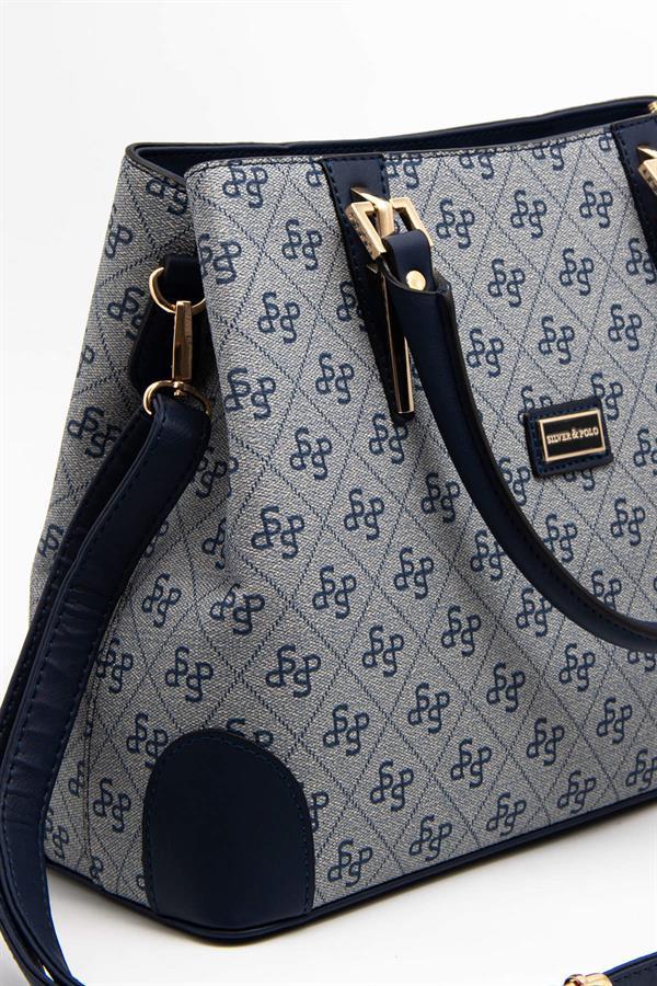 Silver & Polo SP667 Kadın El Çantası Monogram Gri-Lacivert