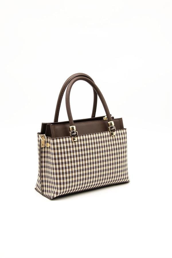 Silver & Polo SP826 Kadın El Çantası Ekose Line Kare Kahve Sarı-Kahve