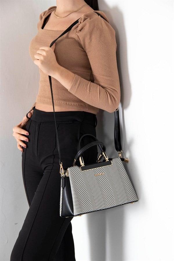 Silver & Polo SP913 Kadın El Çantası Hasır Siyah Beyaz-Siyah