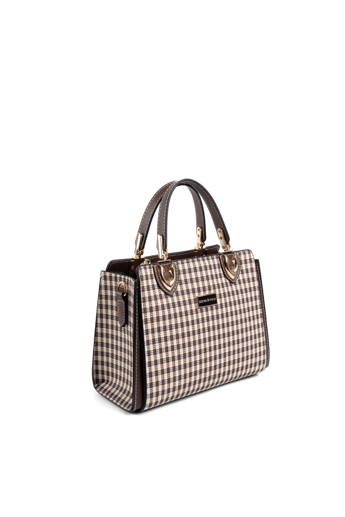 Silver Polo Kahve Sarı - Kahve Ekose Line Kare Kadın El Çantası SP1133