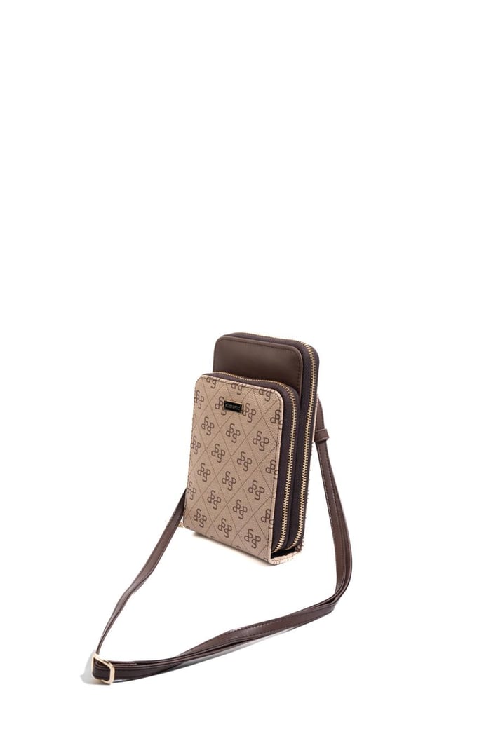 Silver Polo Koyu Bej - Kahve Monogram Kadın Telefon Çantası SP1011