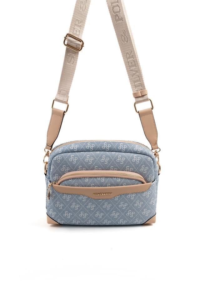 Silver & Polo SP1201 Kadın Çapraz Çanta Monogram Mavi-Ten