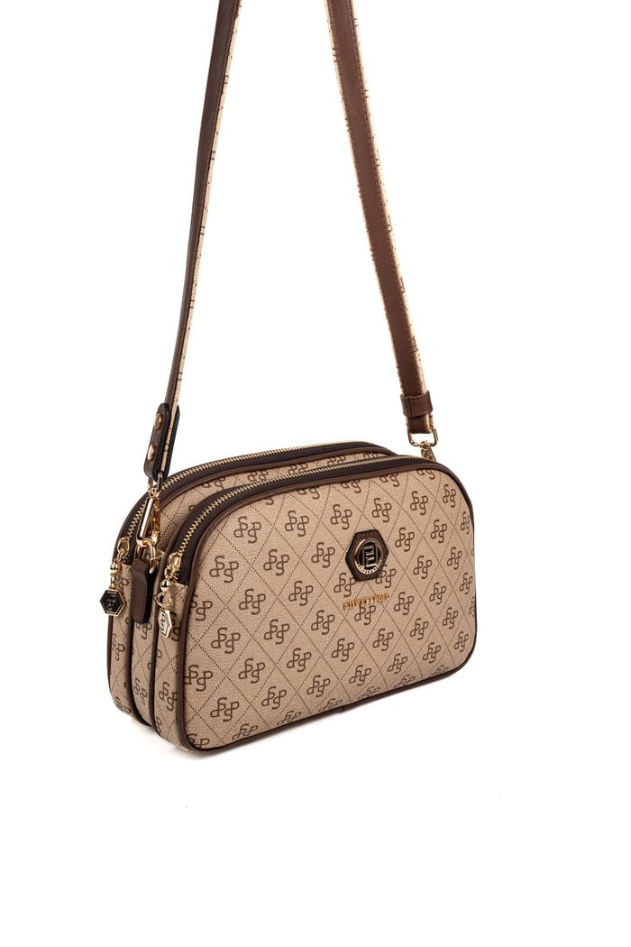 Silver & Polo SP745 Kadın Çapraz Çanta Monogram Koyu Bej-Kahve