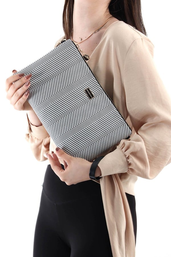 Silver & Polo SP1034 Kadın Portföy & Clutch Hasır Siyah Beyaz-Siyah