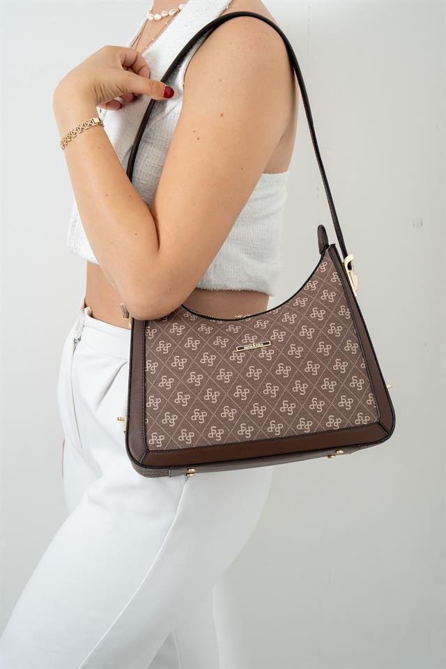 Silver & Polo SP1187 Kadın Omuz Çantası Monogram Kahve