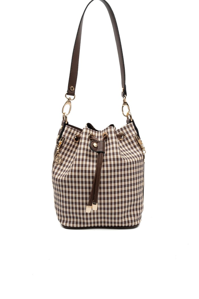 Silver & Polo SP1137 Kadın Omuz Çantası Ekose Line Kare Kahve Sarı-Kahve