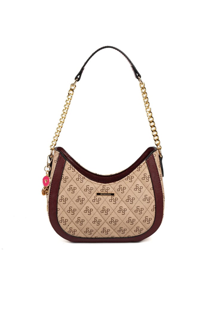 Silver & Polo SP1168 Kadın Omuz Çantası Monogram Koyu Bej-Bordo