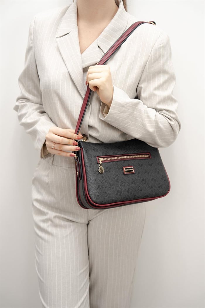 Silver Polo Antrasit - Bordo Monogram Kadın Çapraz Çanta SP818