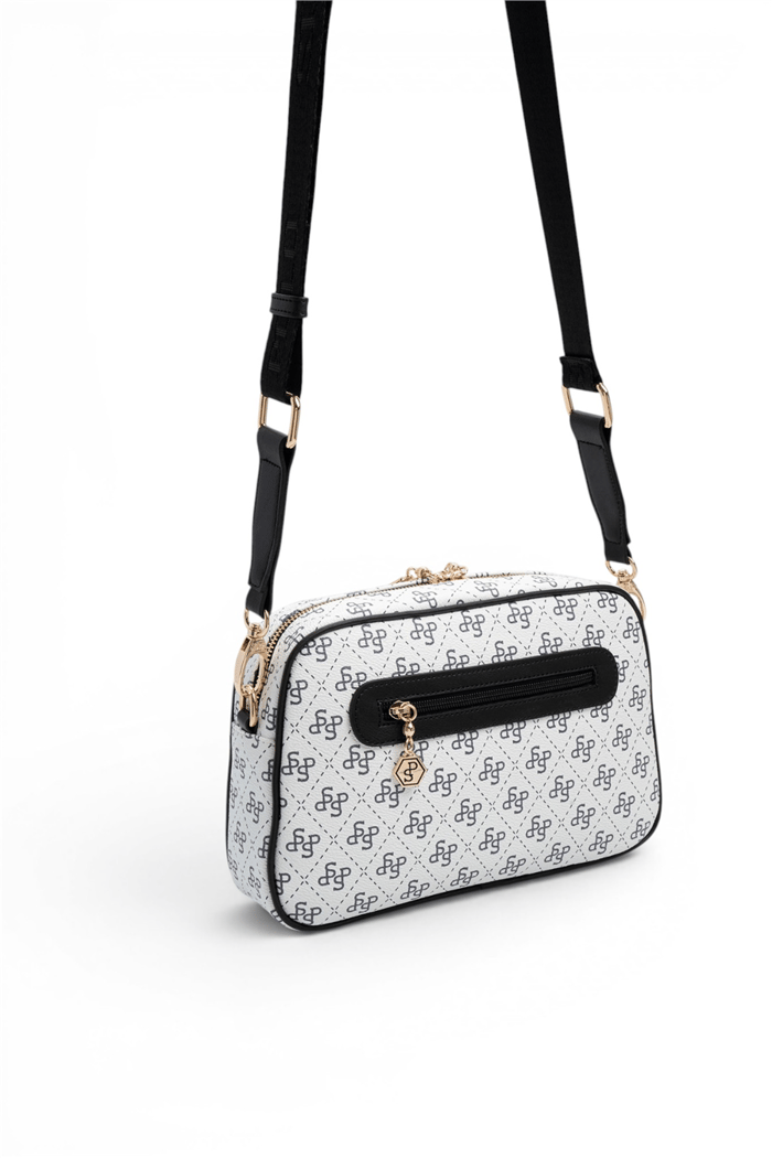 Silver Polo Beyaz - Siyah Monogram Kadın Çapraz Çanta SP1094