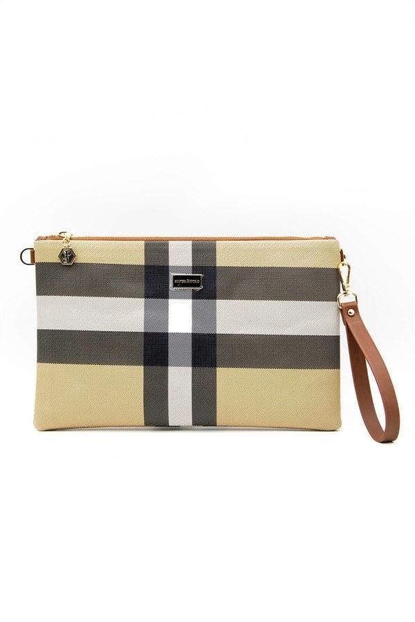 Silver Polo Bej - Taba Ekose Kadın Portföy ve Clutch El Çantası SP1034
