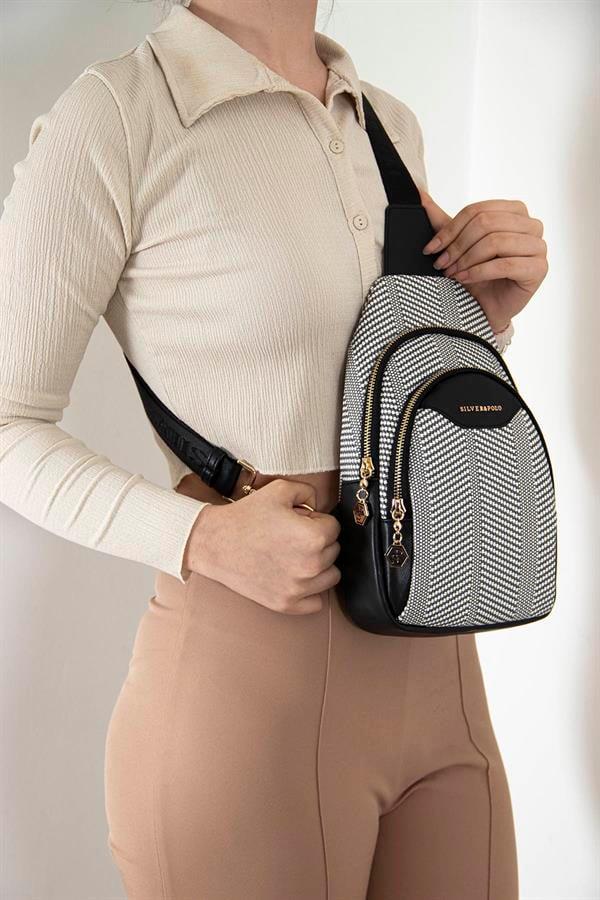 Silver & Polo SP959 Kadın Vücut Çantası Hasır Siyah Beyaz-Siyah