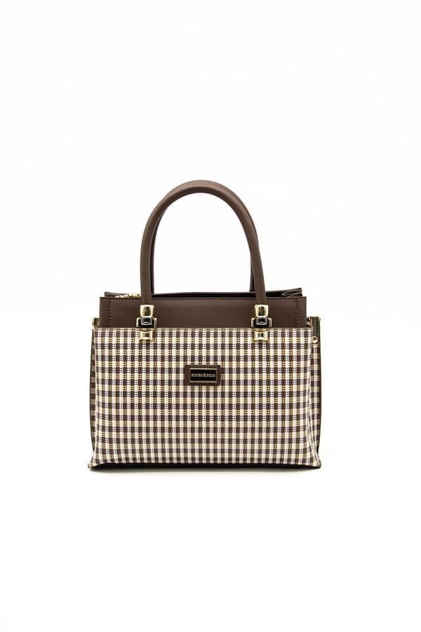 Silver & Polo SP826 Kadın El Çantası Ekose Line Kare Kahve Sarı-Kahve