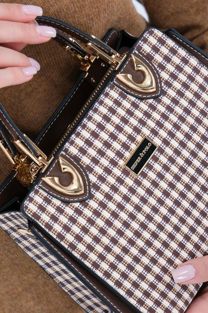 Silver Polo Kahve Sarı - Kahve Ekose Line Kare Kadın El Çantası SP1133