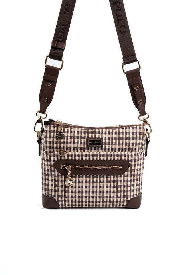 Silver Polo Kahve Sarı - Kahve Ekose Line Kare Kadın Çapraz Çanta SP1110