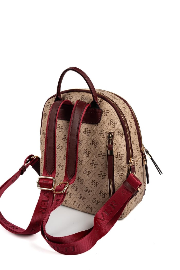 Silver Polo Koyu Bej - Bordo Monogram Kadın Sırt Çantası SP1265