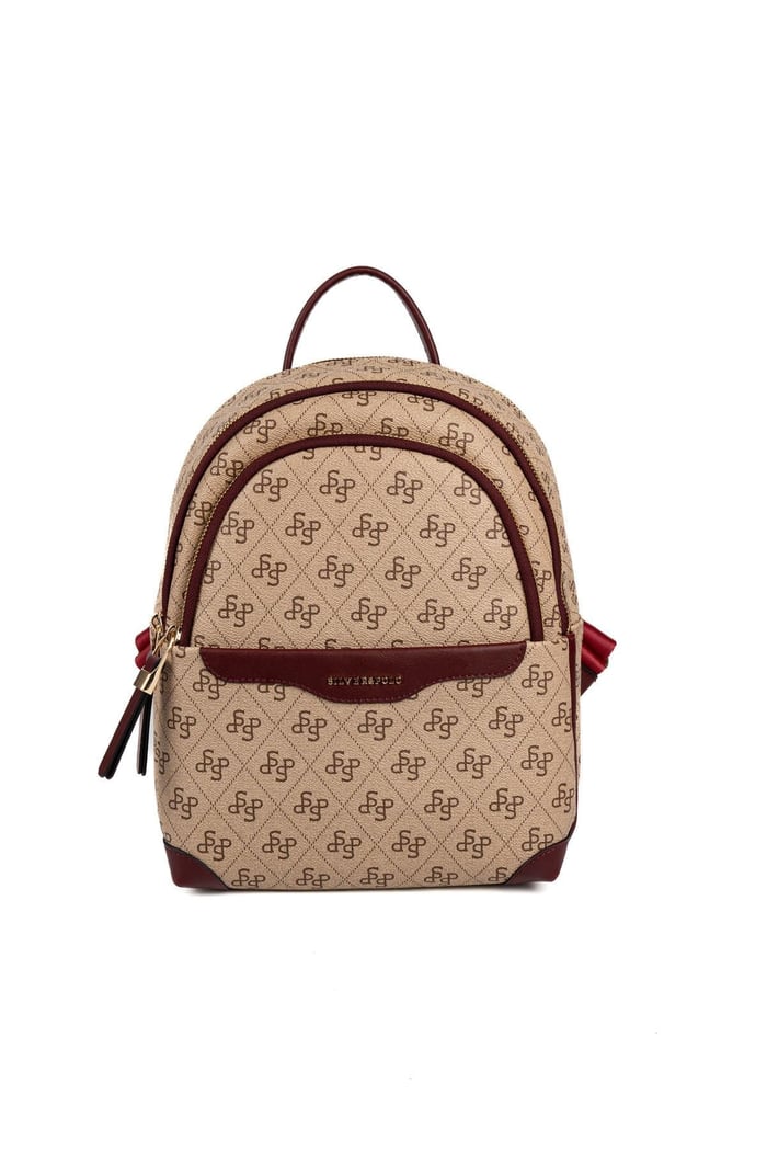 Silver Polo Koyu Bej - Bordo Monogram Kadın Sırt Çantası SP1265