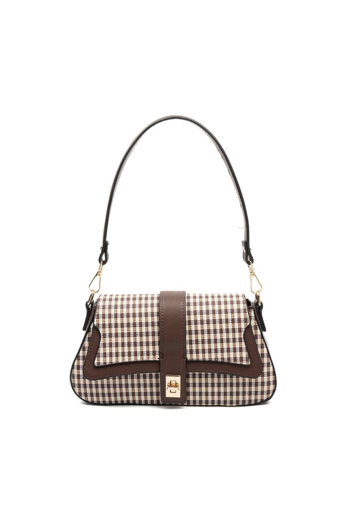 Silver & Polo SP1177 Kadın Omuz Çantası Ekose Line Kare Kahve Sarı-Kahve