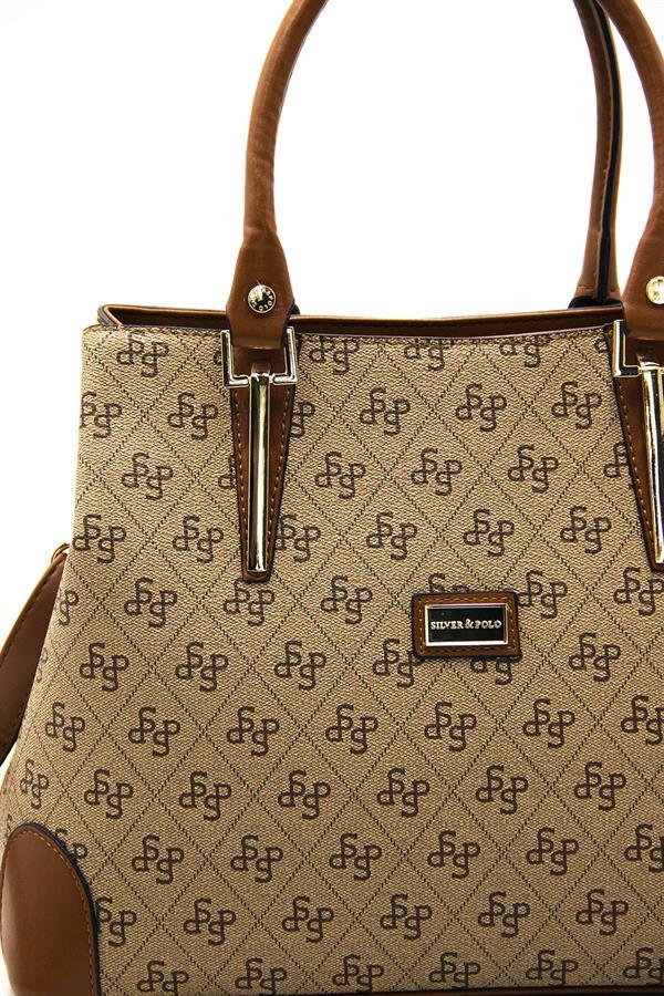 Silver & Polo SP667 Kadın El Çantası Monogram Koyu Bej-Taba