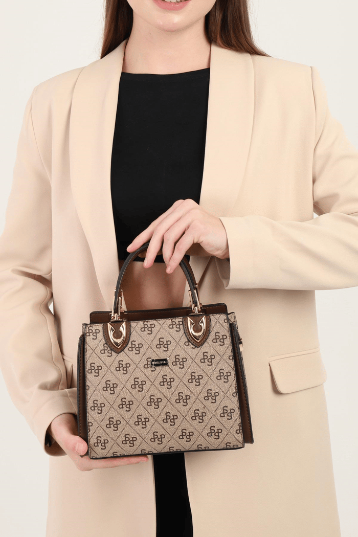 Silver & Polo SP1133 Kadın El Çantası Monogram Koyubej-Kahve