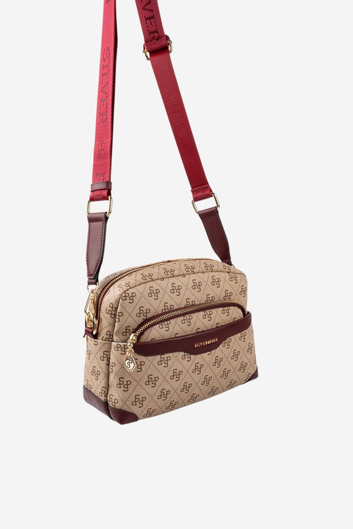 Silver Polo Koyu Bej - Bordo Monogram Kadın Çapraz Çanta SP1201