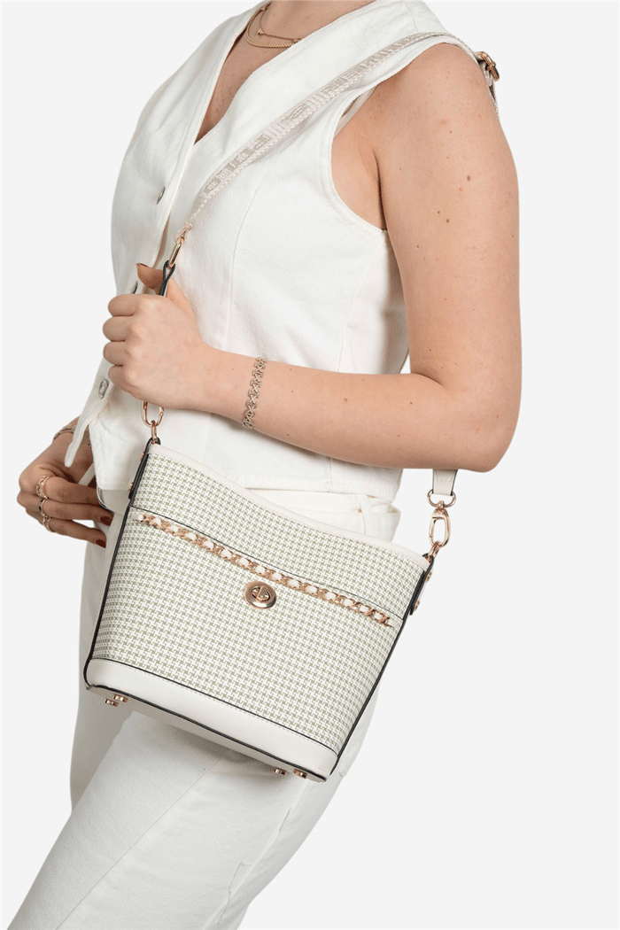Silver & Polo SP1284 Kadın Omuz Çantası Kaz Ayağı Ekose Yeşil-Kemik