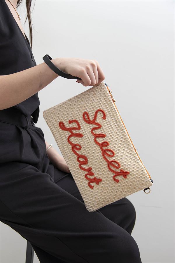 Silver Polo Bej - Orange Dokuma Hasır Kadın Portföy ve Clutch El Çantası SP1034