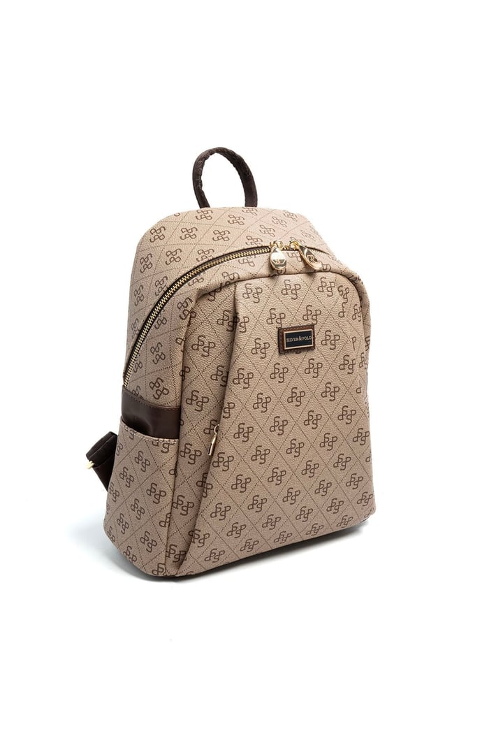 Silver & Polo SP926 Kadın Sırt Çantası Monogram Koyu Bej-Kahve