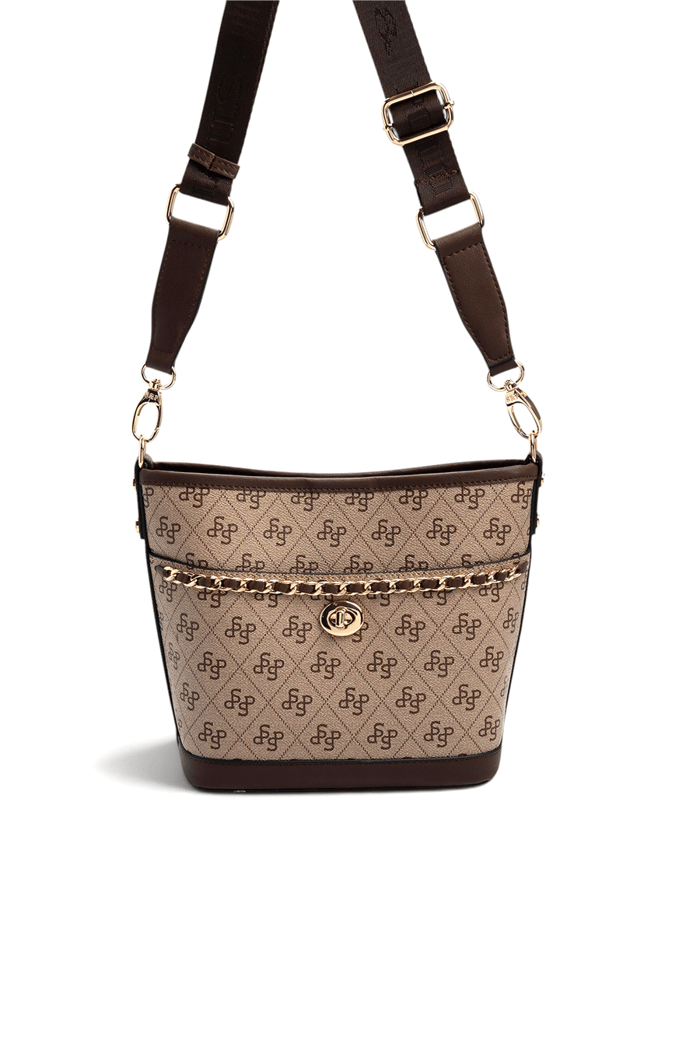 Silver & Polo SP1284 Kadın Omuz Çantası Monogram Koyu Bej-Kahve
