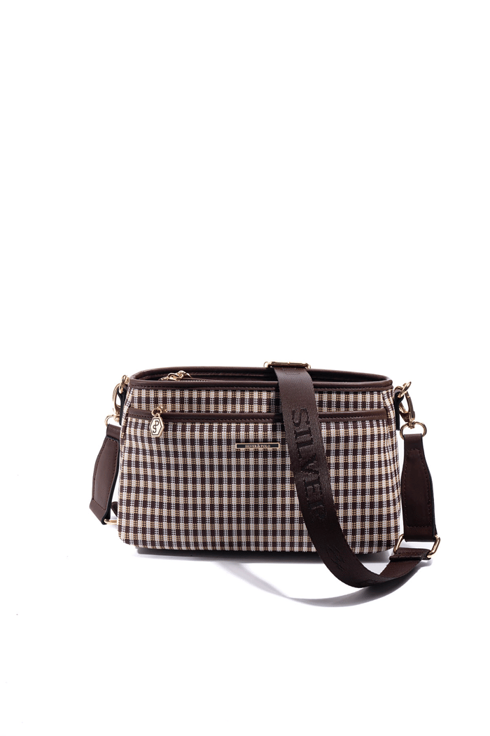Silver Polo Kahve Sarı - Kahve Ekose Line Kare Kadın Çapraz Çanta SP1184