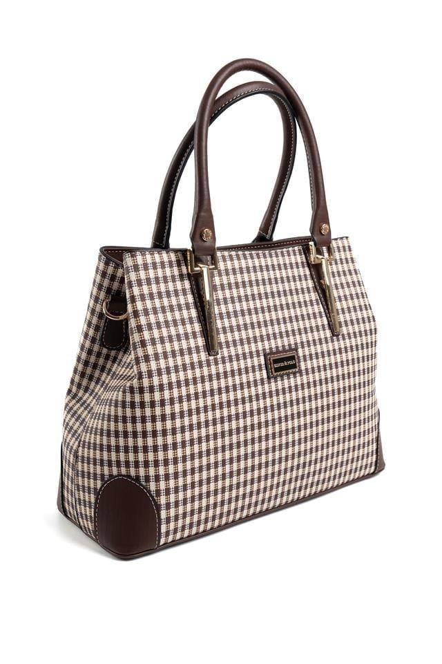 Silver & Polo SP667 Kadın El Çantası Ekose Line Kare Kahve Sarı-Kahve