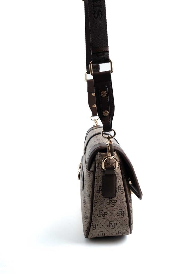 Silver & Polo SP1182 Kadın Çapraz Çanta Monogram Koyubej-Kahve