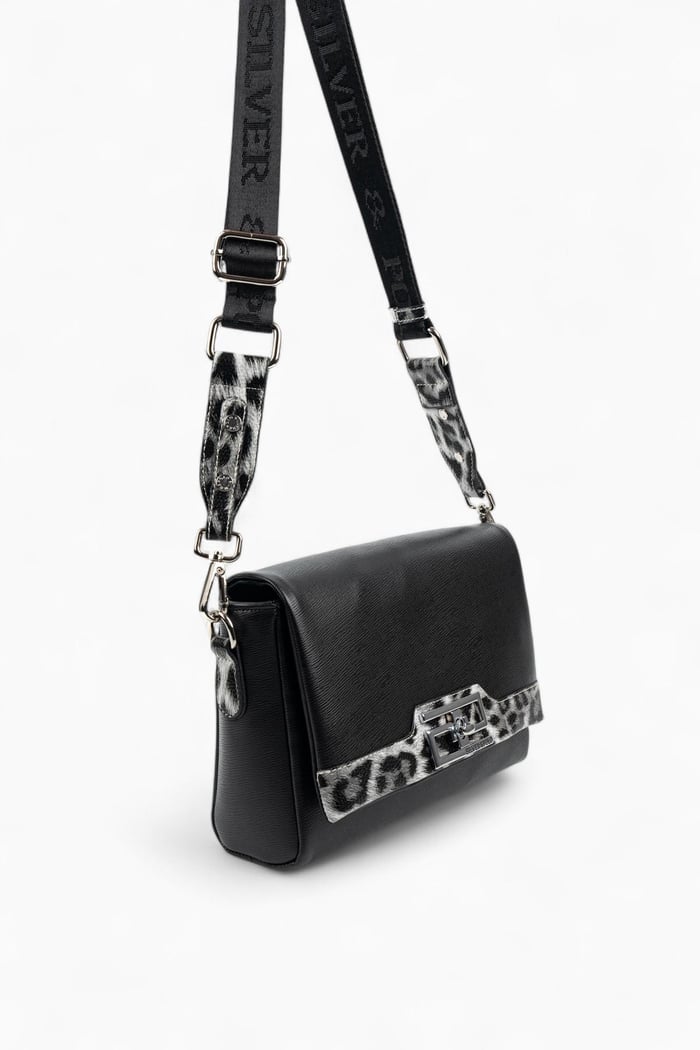 Silver Polo Siyah - Leopar Gri Düz Kadın Çapraz Çanta SP1257