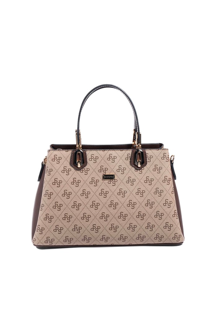 Silver & Polo SP1253 Kadın El Çantası Monogram Koyu Bej-Kahve