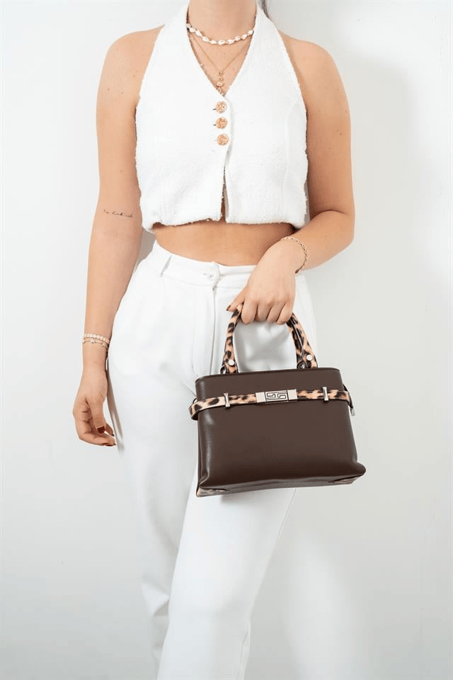 Silver Polo Kahve - Leopar Taba Düz Kadın El Çantası SP1149