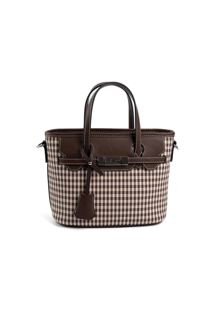 Silver Polo Kahve Sarı - Kahve Ekose Line Kare Kadın El Çantası SP1185